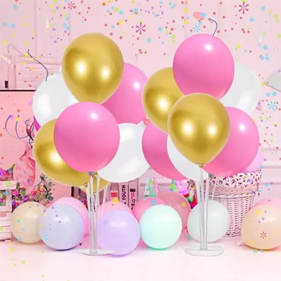 Ayaklı Balon Standı - Gold Pembe Beyaz Metalik