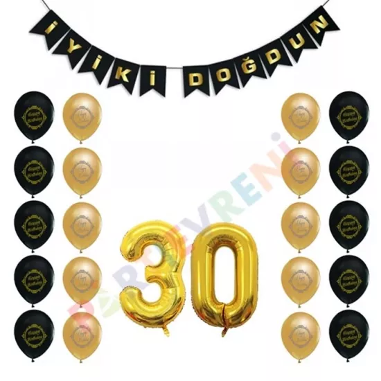 30 Yaş Siyah Altın Balon Seti