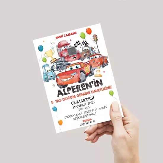 Cars Temalı Doğum Günü Davetiyesi 8’li