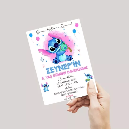 Stitch Temalı Doğum Günü Davetiyesi 8’li