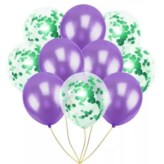 Yeşil Konfetili Mor Metalik Balon Seti 10 Adet