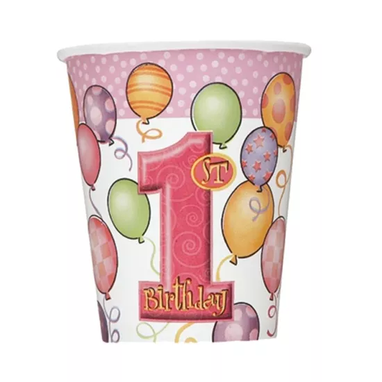 1 Yaş Doğum Günü Balonlar Temalı Pembe Kız Bardak