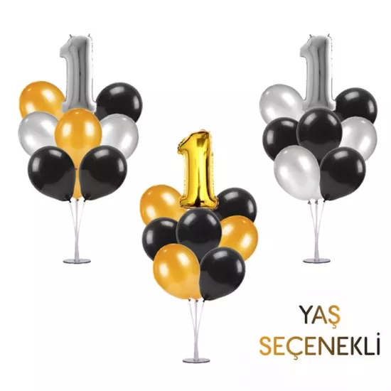 Ayaklı Balon Standı - Gold Siyah Gümüş Yaş ve