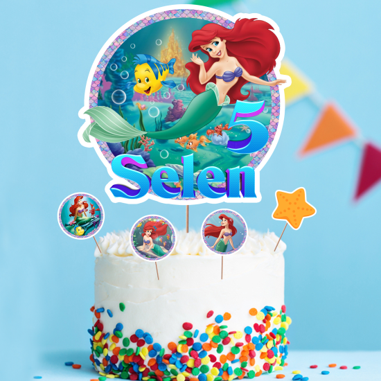 Kişiye Özel Deniz Kızı Ariel Konseptli Pasta Süsü Seti