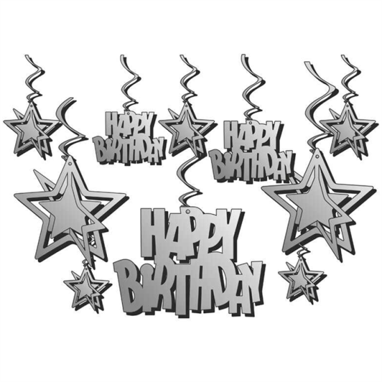 Gümüş Yıldız Happy Birthday Tavan Süs 10’lu