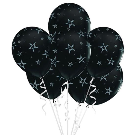 Gümüş Yıldızlar Baskılı Siyah Balon 5’li