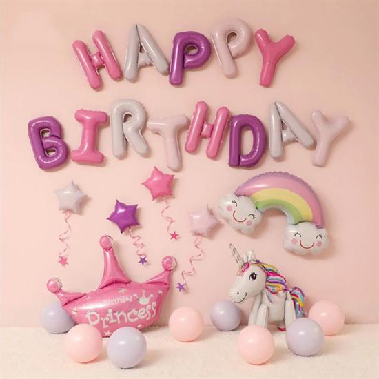 Happy Birthday Pembe Mor Beyaz Folyo Balon Seti