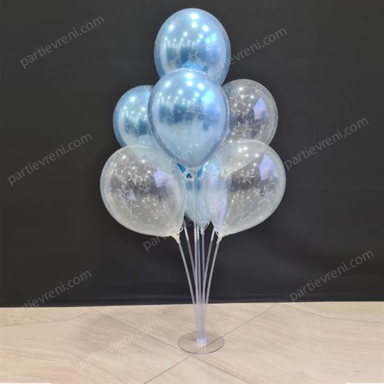 Ayaklı Balon Standı - Şeffaf Mavi Temalı Krom Yıldızlı