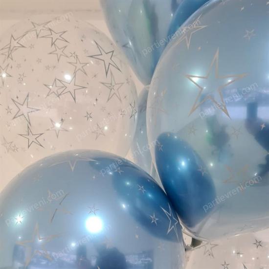 Ayaklı Balon Standı - Şeffaf Mavi Temalı Krom Yıldızlı