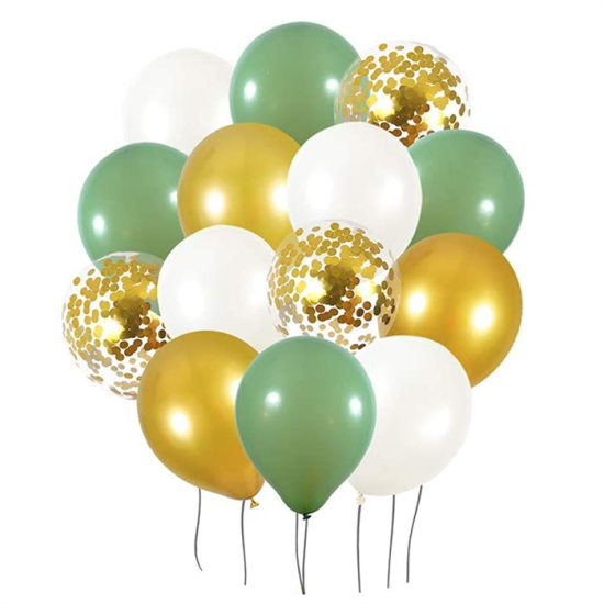 Metalik Konfetili Küf Yeşili Gold Beyaz Balon Seti 16 Adet