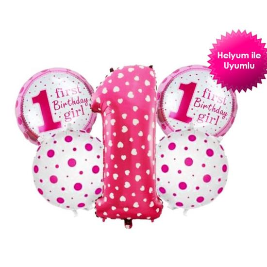 Pembe 1 Yaş Doğum Günü Kız Folyo Balon Seti