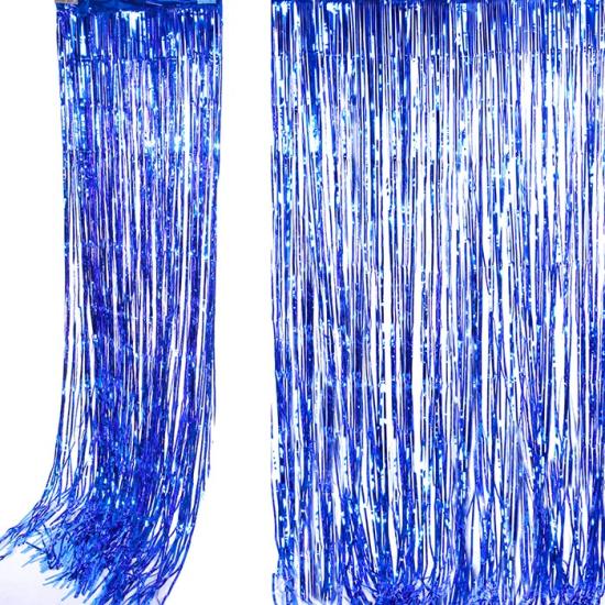 Arka Fon Perdesi Mavi Işıltılı Püsküllü  100x200 cm
