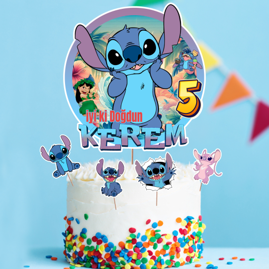 Kişiye Özel Stitch Konseptli Pasta Süsü Seti