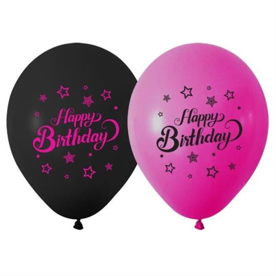 Siyah Fuşya Happy Birthday Lateks Balon 5’li