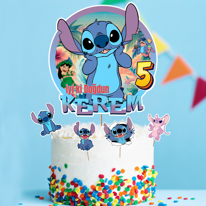 Kişiye Özel Stitch Konseptli Pasta Süsü Seti